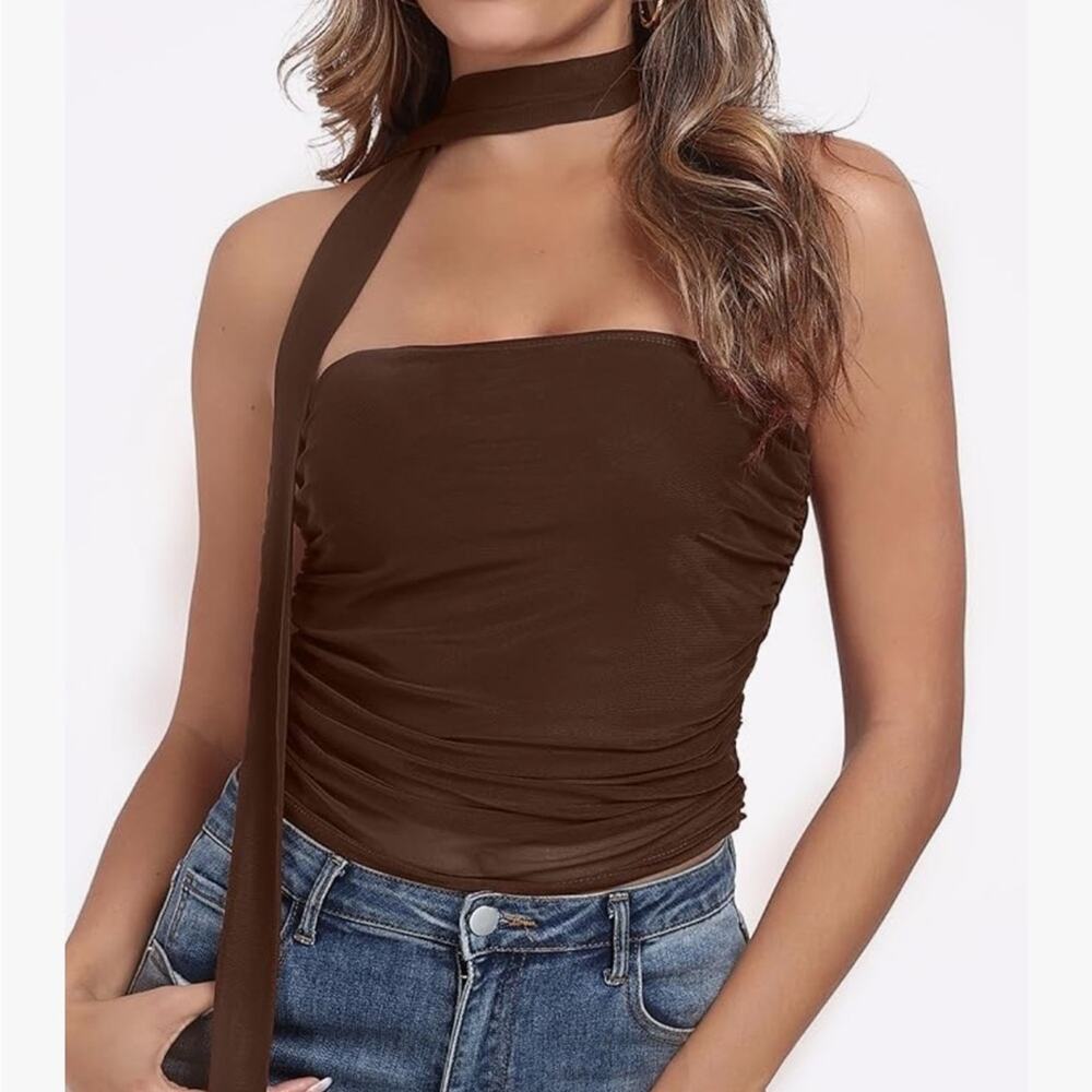 Women's Brown Tube Top Ruched Strapless Mesh w neck scarf Small